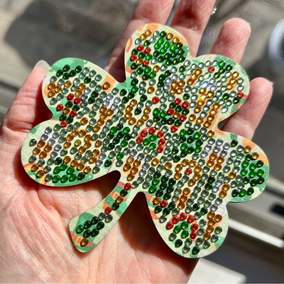 2/$16 - No. 09 - Sparkly, Diamond Art Shamrock Clover Holiday Coaster, Green - Picture 16 of 17